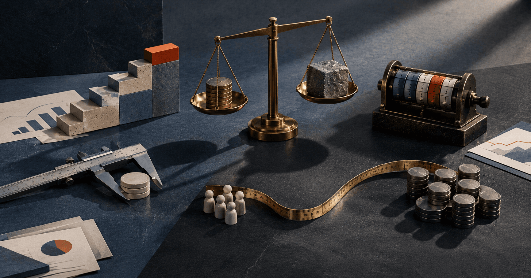 Ecommerce KPI tracking represented by a balance scale, growth chart, measurement tools, customer figures, and revenue metrics
