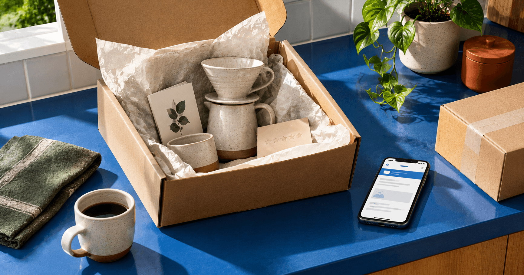 Post-purchase ecommerce experience featuring an unboxed order, branded packaging inserts, customer review card, and order confirmation on a smartphone