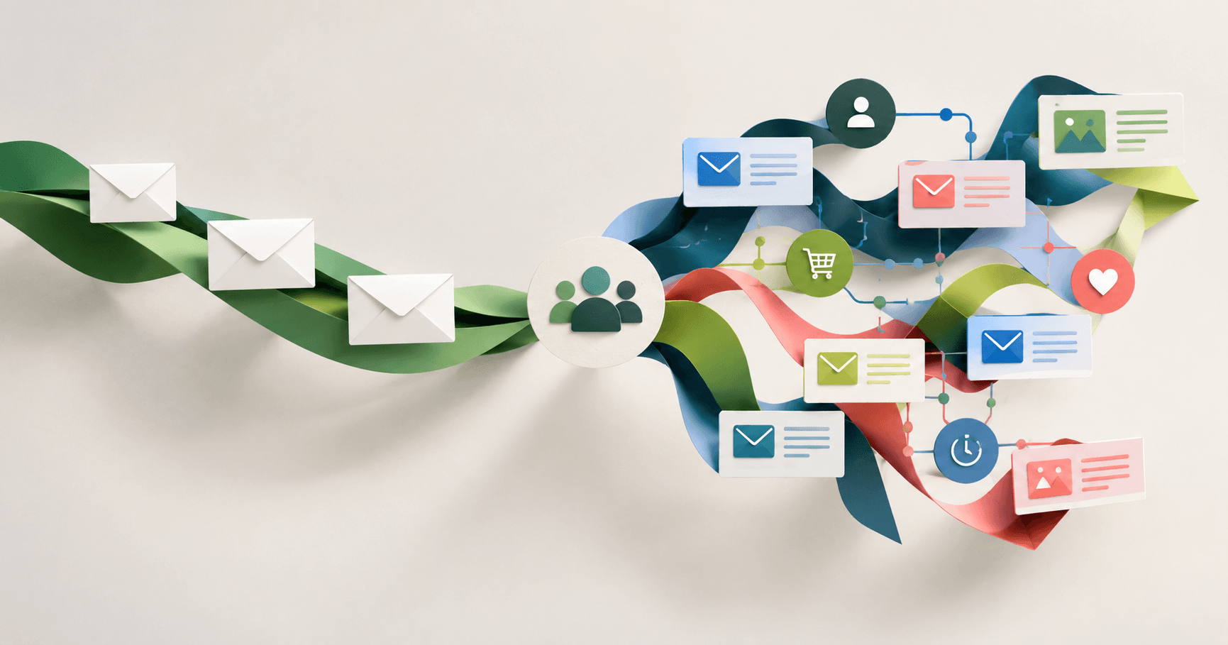 Modern 3D illustration comparing Shopify Email’s straightforward email delivery with Klaviyo’s branching customer journeys, automated messages, and personalized ecommerce communications