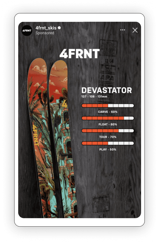 4FRNT Devastator ski specs: 137-108-131mm, Carve 50%, Float 80%, Tour 70%, Play 50%