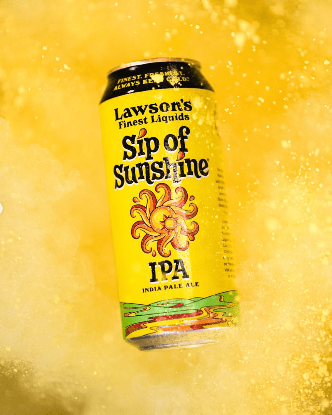 Can of Lawson's Finest Sip of Sunshine IPA amid a splash of yellow powder