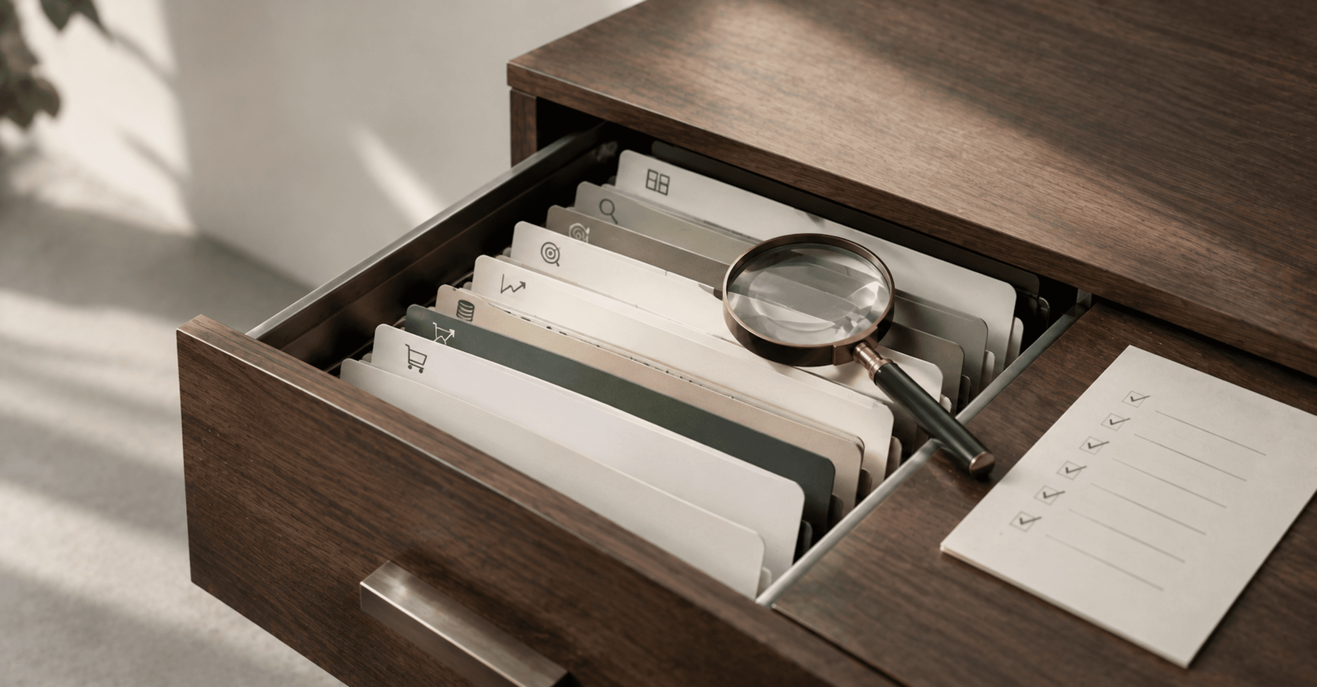 PPC audit checklist with organized campaign files, performance review notes, and a magnifying glass